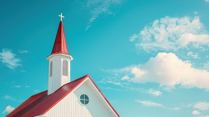 Red-roofed church steeple against bright sky