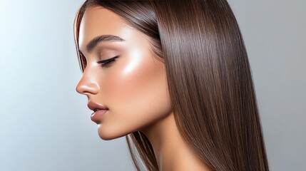 Fototapeta premium A close-up of a woman with sleek, straight hair styled into a polished look, showcasing healthy shine and smooth texture against a neutral background.