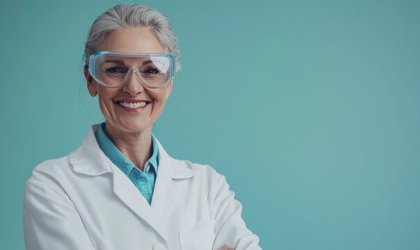A smile senior female scientist in a white lab coat and safety goggles, standing against a neutral blue background, high-detail professional portrait