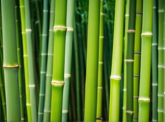 Tall bamboo stalks stand closely together, showcasing a vibrant green hue. Sunlight filters through the leaves, creating a peaceful and calming environment in the forest