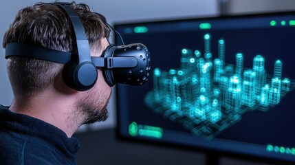 Engineer wearing a VR headset designing a virtual city model