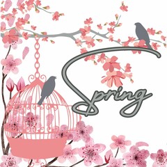 Cherry Blossom Tree with Bird Cage, Birds, and Spring Text
