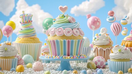 Pastel cupcakes, lollipops, candy; festive birthday scene; whimsical sugary treats; ideal for cards