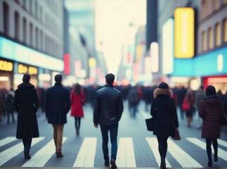 A group of people strolls through a bustling city street filled with shops and colorful lights as dusk settles. The atmosphere is lively, reflecting the urban lifestyle