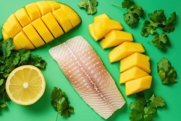 Fototapeta premium Fresh fish alongside ripe mango cilantro and lemon slices