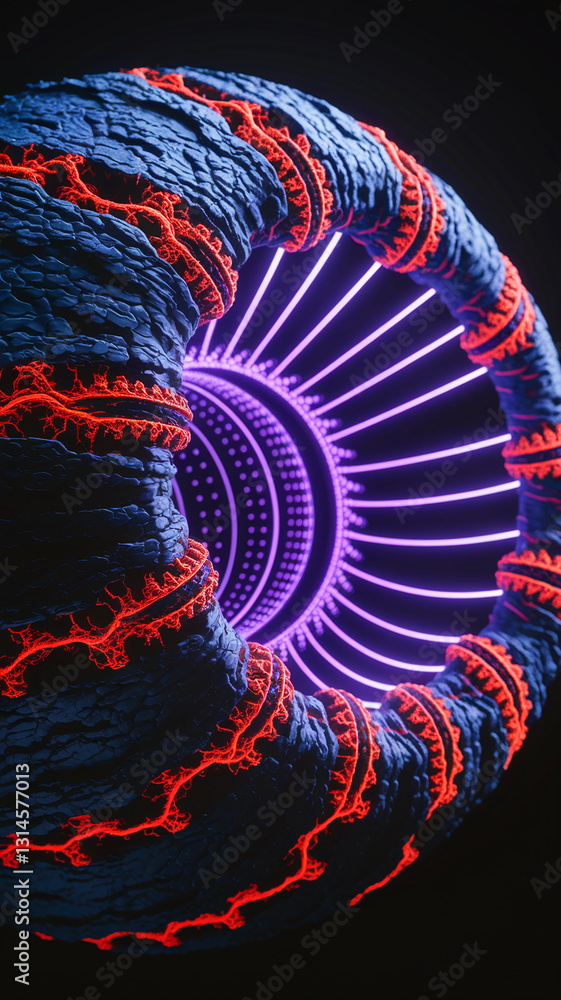 Poster abstract 3d render of a dark blue textured sphere with glowing red and purple accents, showcasing a 
