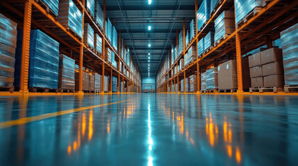 Deep-learning automation in smart warehouses, featuring AI-powered robotics optimizing inventory tracking, predictive logistics, and automated sorting