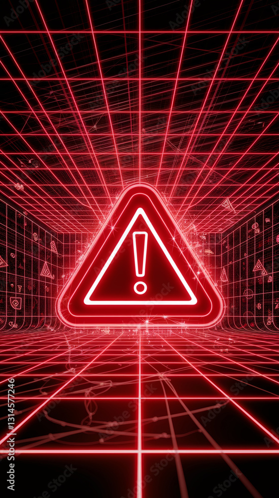 Poster red neon grid backdrop with glowing triangular warning sign, conveying urgency, alert, or system err