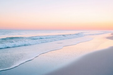 A soft pastel colored sunrise over an empty beach, where gentle waves leave delicate patterns in the smooth sand