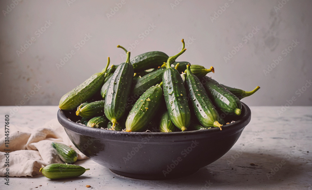 Poster bowl of cucumbers is sitting on a table. the cucumbers are green and have a few drops of water on th