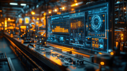 Fototapeta premium Digital twin automation concept featuring a 3D holographic representation of a factory, displaying real-time AI-driven process optimization and predictive analytics