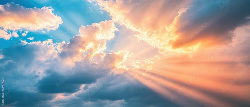 Poster ethereal sky panorama with radiant sunlight filtering through fluffy clouds creating a serene atmosp