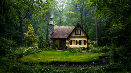 Charming Pixel Art Cabin In A Lush Green Rainforest With A Gentle Rain Creating A Cozy And Magical Atmosphere