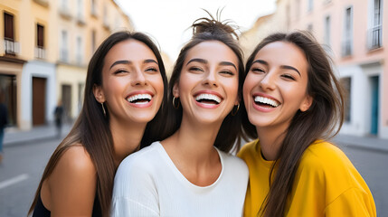 Fototapeta premium two girls friends having fun at street hugging and laughing with bright white teeth