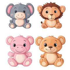 Fototapeta premium Cute Cartoon Animals Collection of Elephant, Lion, Bear, and Pig