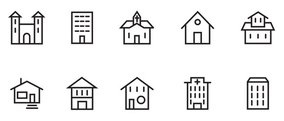 Collection of home icons. Flat style home symbols for apps. Home line icons set. Simple flat outline sign for web real estate app. Vector illustration.