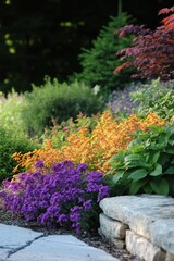 Fototapeta premium Spiraea adds vibrant colors to a flourishing perennial garden in mid-summer