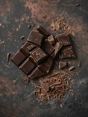 Squares of dark chocolate broken into pieces and surrounded by shavings on a rustic surface, emphasizing their rich texture and indulgent flavor.