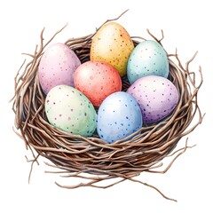 Colorful Easter Eggs in a Rustic Bird Nest Watercolor Painting