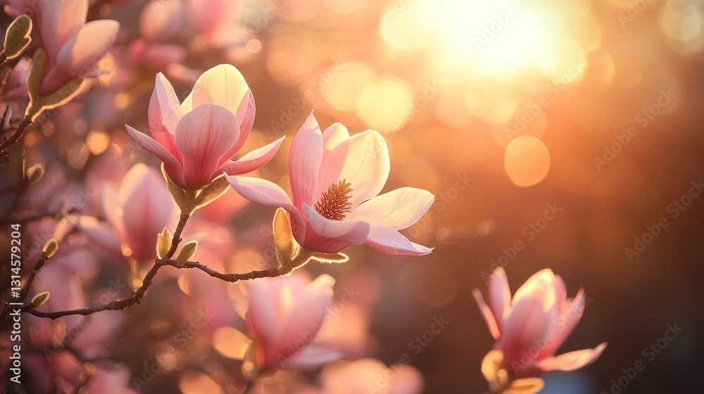 Poster magnolia flowers bloom gracefully on a branch, their soft pink petals illuminated by a warm sunset. 