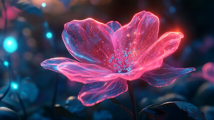 Realistic close-up animation of a bioluminescent flower with translucent petals, radiating a soft neon glow in a futuristic botanical garden 