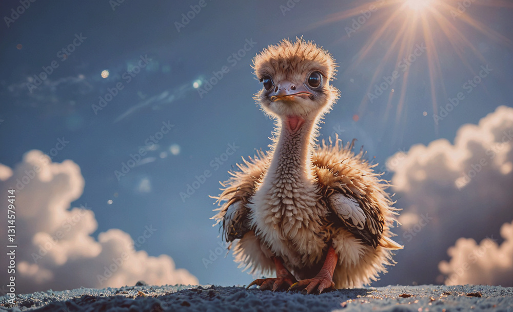 Aufkleber baby bird with a fluffy coat stands on a rock in the sun. the bird's eyes are wide open, and it look
