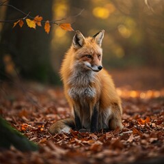 Naklejka premium Fox in Autumn: A stunning red fox sits amidst a forest of autumn colors, surrounded by fallen leaves and warm sunlight. Its alert gaze suggests a sense of curiosity.