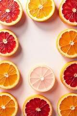 Fototapeta premium Sliced grapefruits arranged in a vibrant, colorful pattern on a white background, fruit, background, juicy