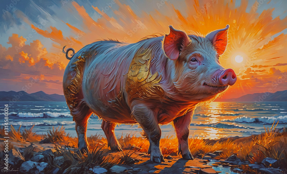 Poster pig is standing in the sand near the ocean. the sky is orange and the sun is setting