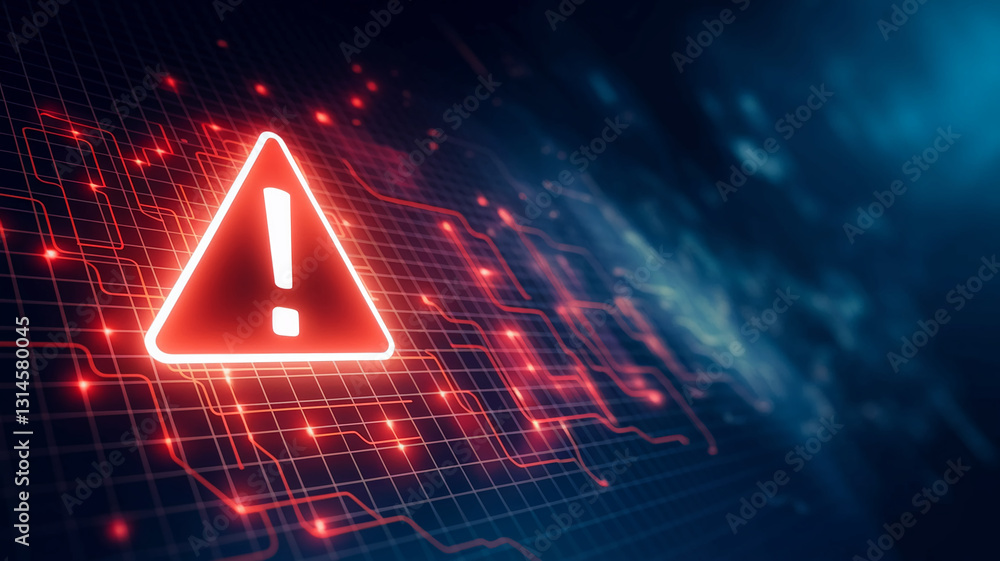 Poster red warning triangle with exclamation mark on dark grid background, representing alert, caution, ris