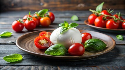 Aromatic Fresh Burrata Cheese with Sweet Tomatoes and Basil on Rustic Wooden Table
