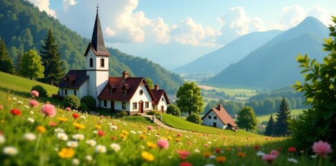 Fototapeta premium Small town landscape with church tower and cozy cottages in defocused view, Church, Tower