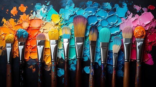 A lively scene of paintbrushes exploding with bright and bold colors on a vivid palette