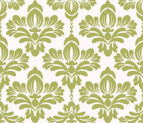 Damask seamless pattern with  green flowers, vector illustration elegant for textile design, wall paper, bedding, curtain, cushion, scarf, upholstery fabric, decoration, interior, vintage, luxury 
