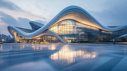 Naklejka premium A futuristic high-speed train station, featuring cutting-edge architecture, with large glass panels and minimalistic design.