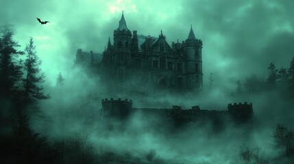 Obraz premium Enigmatic Castle in Misty Forest