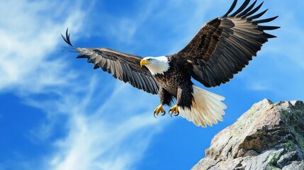 Naklejka premium Majestic eagle soaring above rocky peak