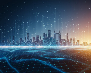 Night cityscape with glowing lines connecting buildings, abstract digital landscape below, representing technological connection and urban development, suitable for tech or futuristic concepts