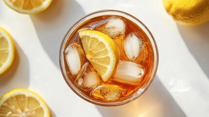 Classic summer drink, a glass of lemon iced tea with ice, photographed from top view on a white backdrop