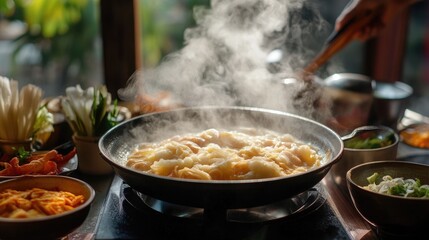 A high-quality image of a breakfast scene featuring  being served at a table, with steam rising from the pan and a variety of traditional Thai accompaniments.