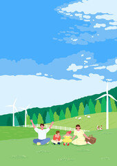 파란 하늘이 화창한 봄날 목장이 있는 언덕에서 소풍을 즐기는 가족 배경 일러스트
