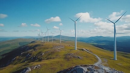 Wind turbines on a hilltop, sunny day