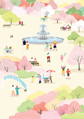 Naklejka premium 알록달록 벚꽃이 활짝핀 공원에서 휴식과 봄나들이를 즐기는 사람들 