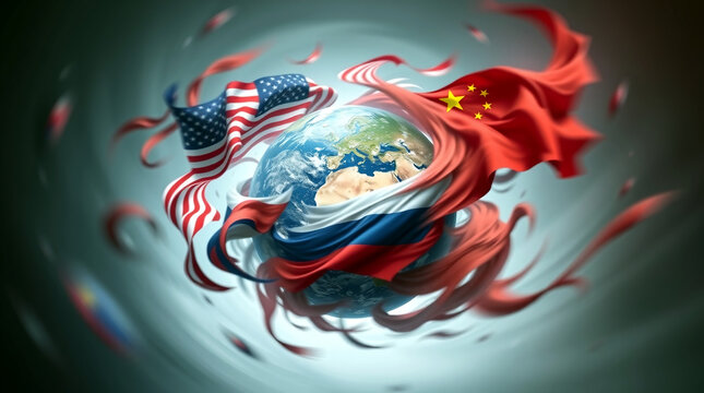 Die Flaggen der L&auml;nder Amerika, China und Russland`s wirbeln um den Planeten Erde