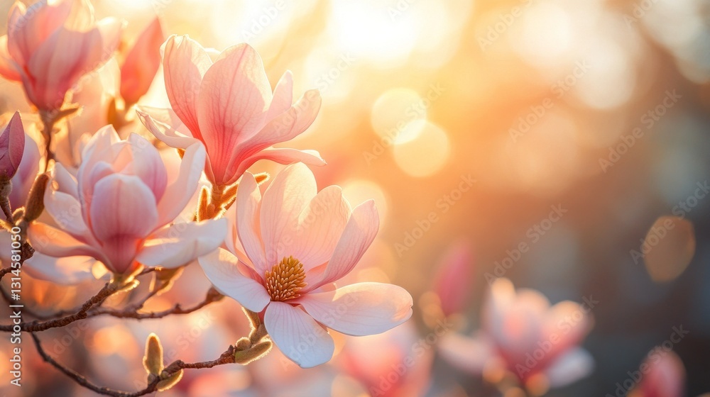 Poster delicate magnolia flowers bloom vibrantly in a garden, illuminated by warm sunlight. their soft peta