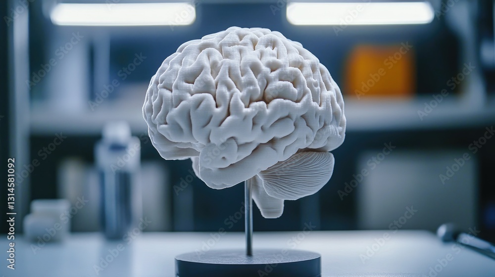 Poster a high-quality shot of a d printed brain model with realistic texture and detail, positioned on a st