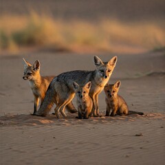 Fox Family in Desert: A close-knit family of foxes, including adults and adorable kits, stands together on the golden sands of a vast desert, capturing a tender moment of connection. 