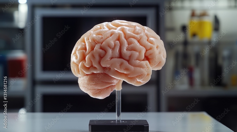 Poster a high-quality shot of a d printed brain model with realistic texture and detail, positioned on a st