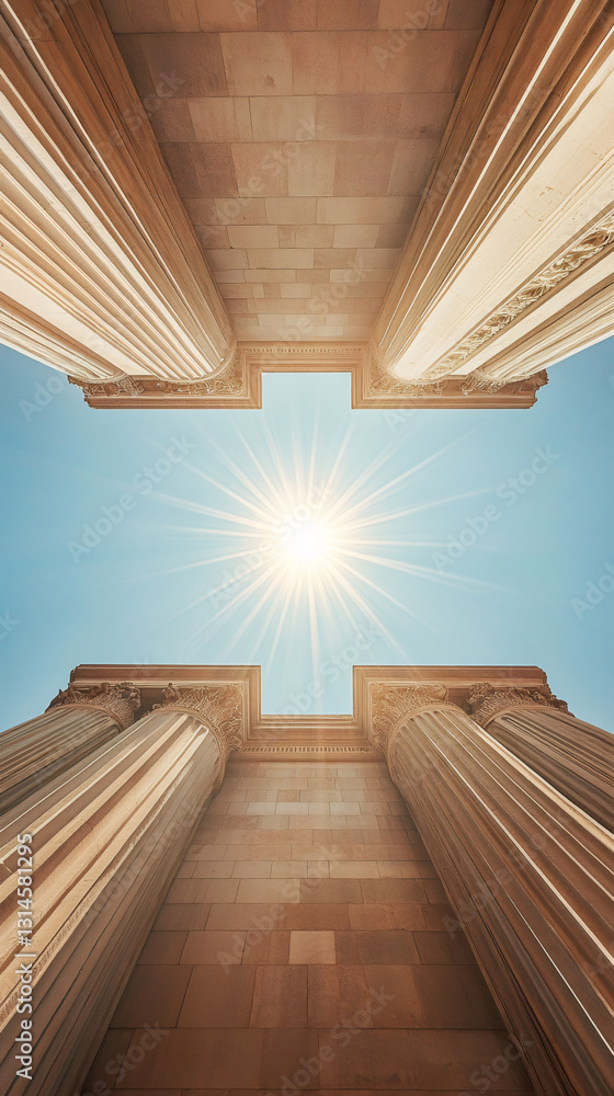 Poster Low angle view of majestic fluted columns and bright sunlight, creating a cross shape against a clear blue sky
