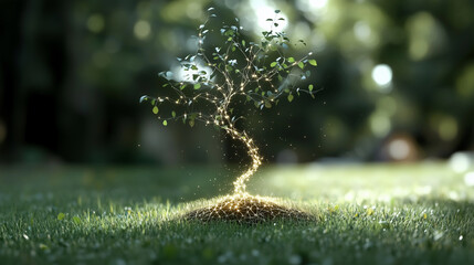 Glowing Seed Sprouting into Digital Tree Concept
